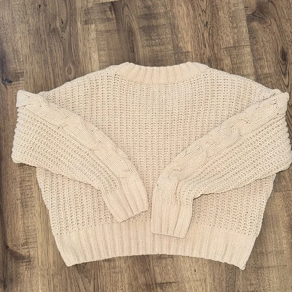 Poof Apparel Cable Knit V-Neck Sweater - Cream - Picture 4 of 7